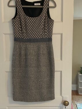 Calvin Klein Gray Polka Dot Midi Sheath Dress
